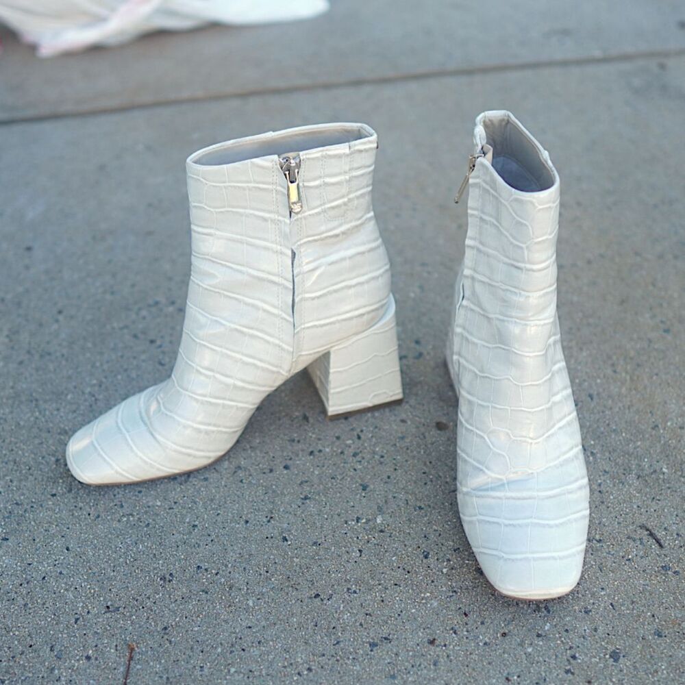 Sam Edelman Codie White Croc Embossed Block Heel Ankle Boots Size 8.5 M EUR 38.5